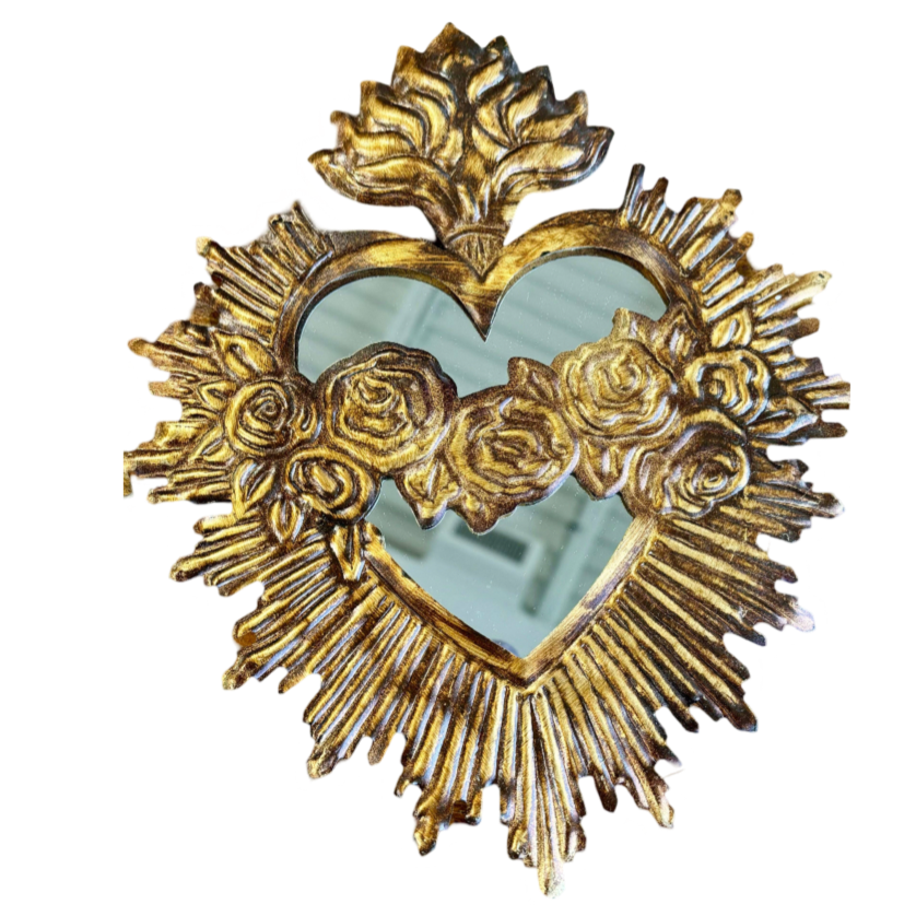 immaculate sacred heart gold tin rosary jesus mirror handmade