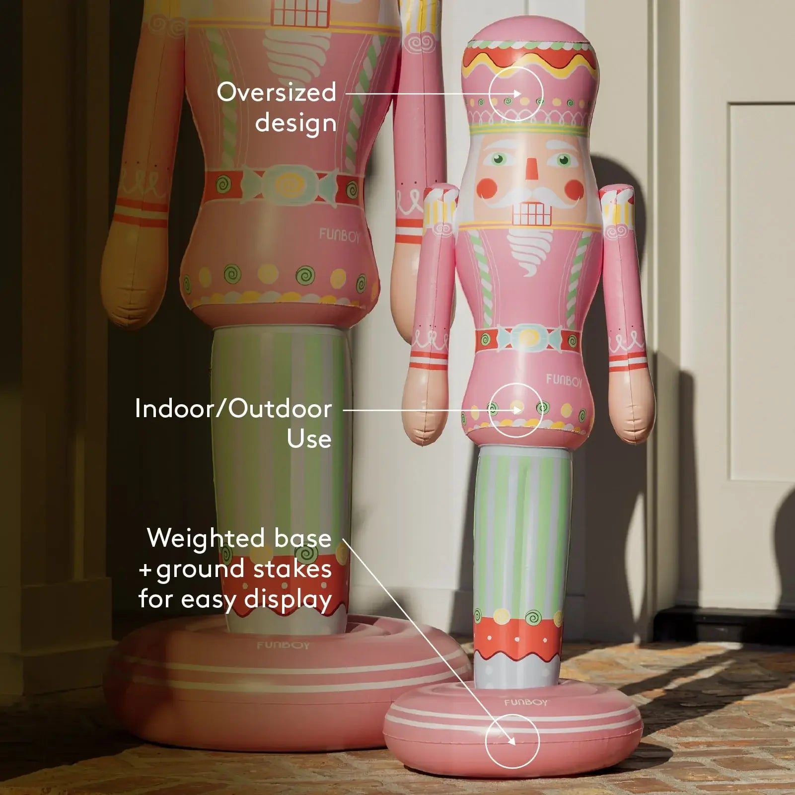 Decorative inflatable nutcracker with features highlighted on a neutral background