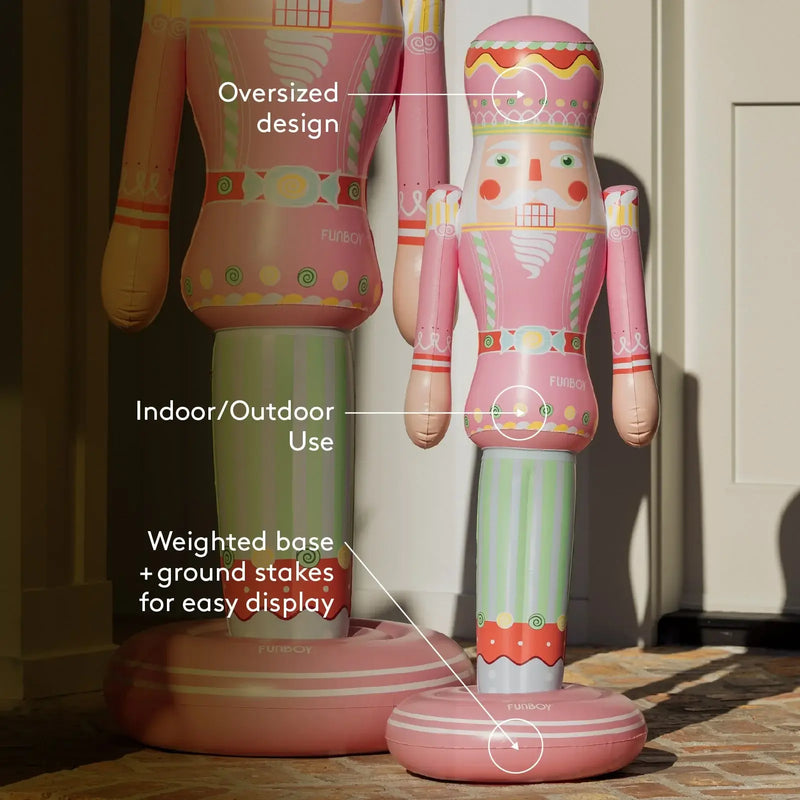 Decorative inflatable nutcracker with features highlighted on a neutral background