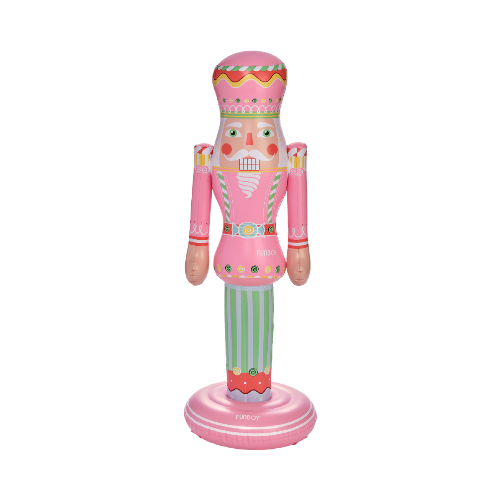 Decorative nutcracker figurine with pink outfit and striped pants on a white background