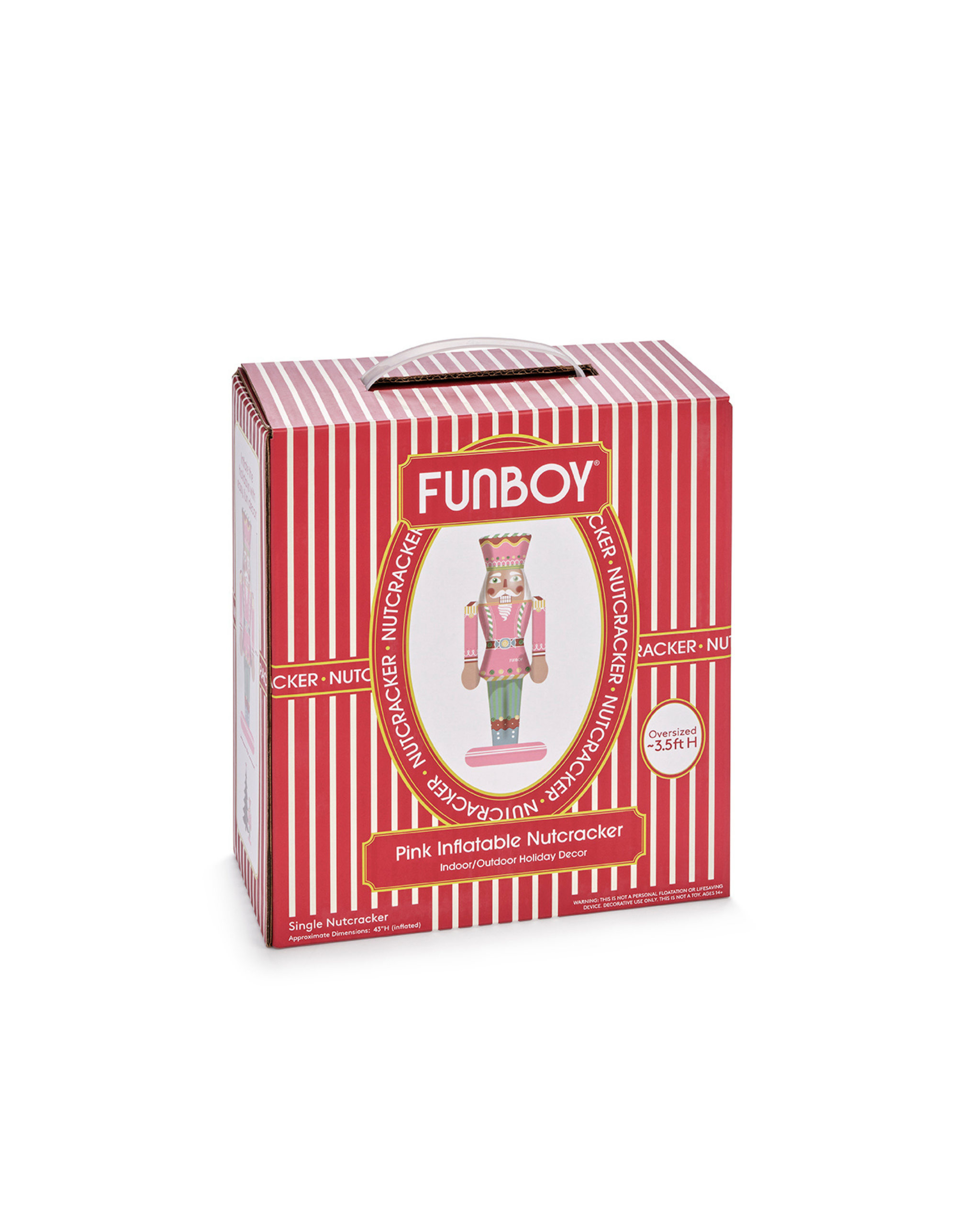 Red and white striped box with Funboy branding and a pink inflatable nutcracker design.