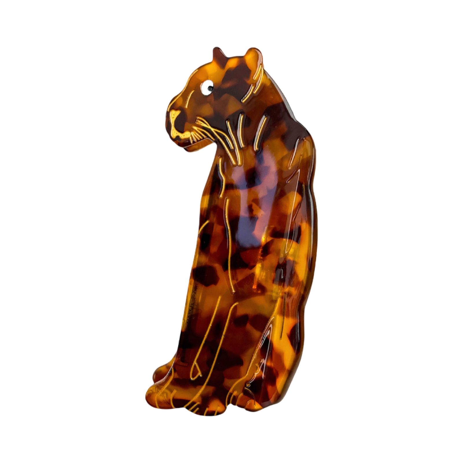 A glossy tortoiseshell cat figurine in a sitting position, featuring a marbled pattern of amber brown, black, and orange with gold-colored outlines, set against a plain white background.