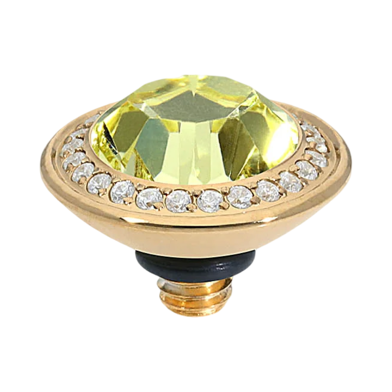 QUDO Tondo Deluxe Top 0.35, QUDO Green and Golden Collection, interchangeable jewelry, crystal topper, green crystal jewelry, golden crystal jewelry, QUDO topper, interchangeable ring topper, stackable jewelry, Swarovski crystal jewelry, luxury fashion jewelry, collectible jewelry, boutique jewelry, interchangeable bracelet topper, colorful crystal jewelry, statement jewelry, QUDO jewelry collection