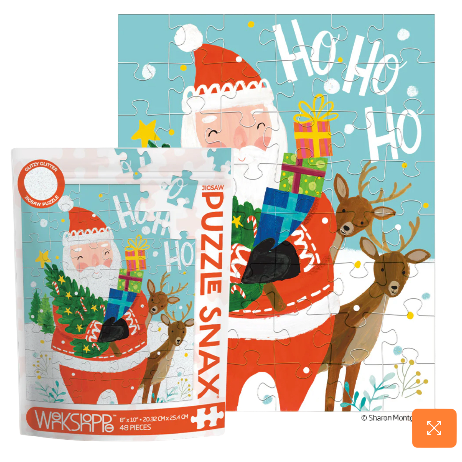 Christmas-themed puzzle with Santa Claus and reindeer, featuring the brand 'Puzzle Snax'.