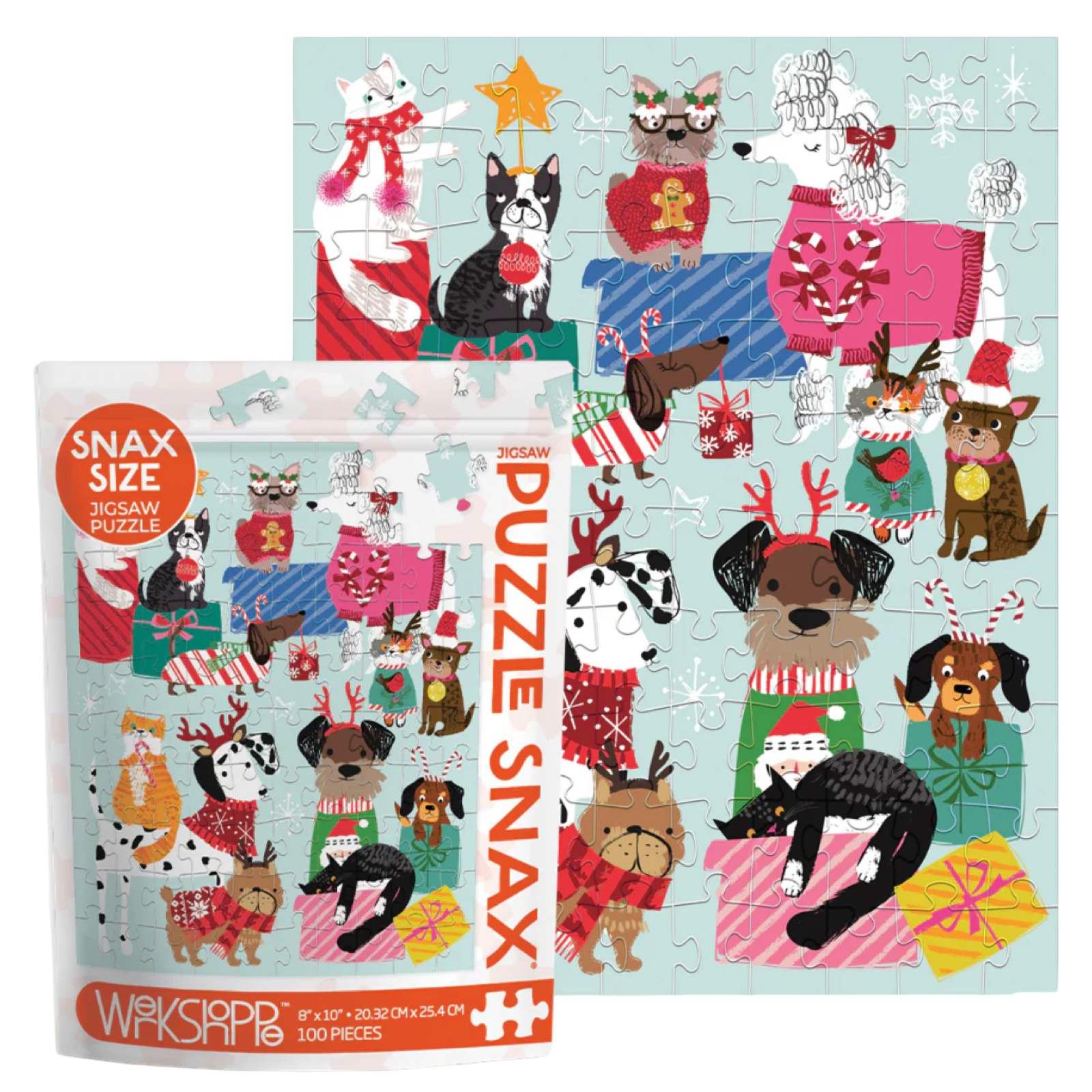 Jigsaw puzzle with festive animals and 'Workshop' branding