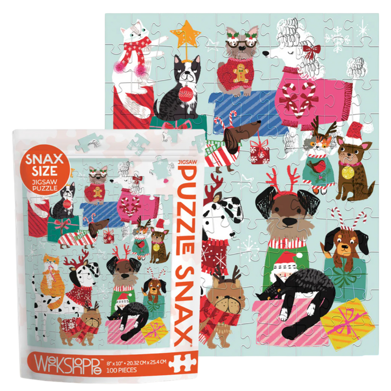 Jigsaw puzzle with festive animals and 'Workshop' branding