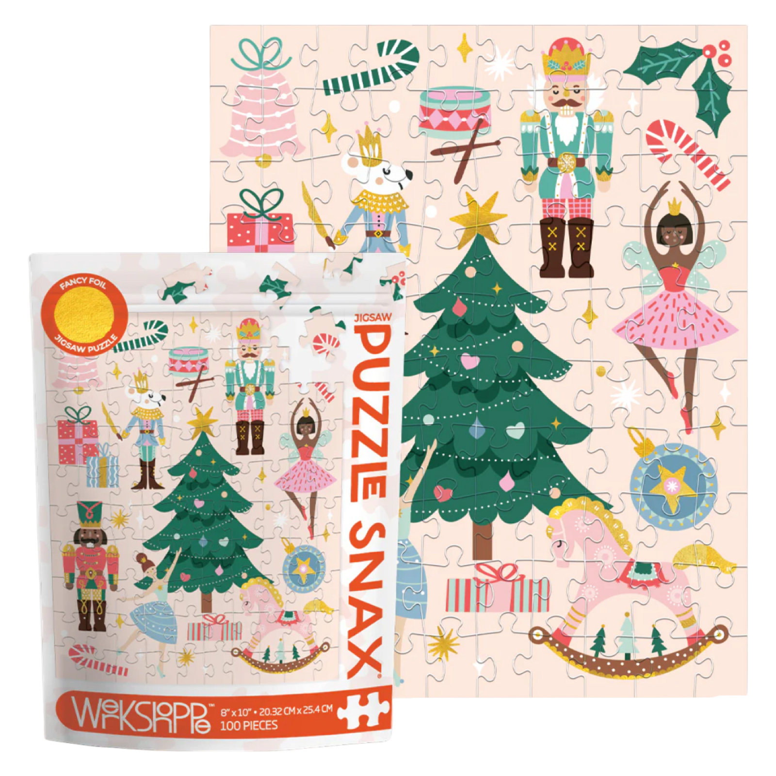 Christmas-themed puzzle with characters and decorations, including a tree and presents, in a colorful packaging.