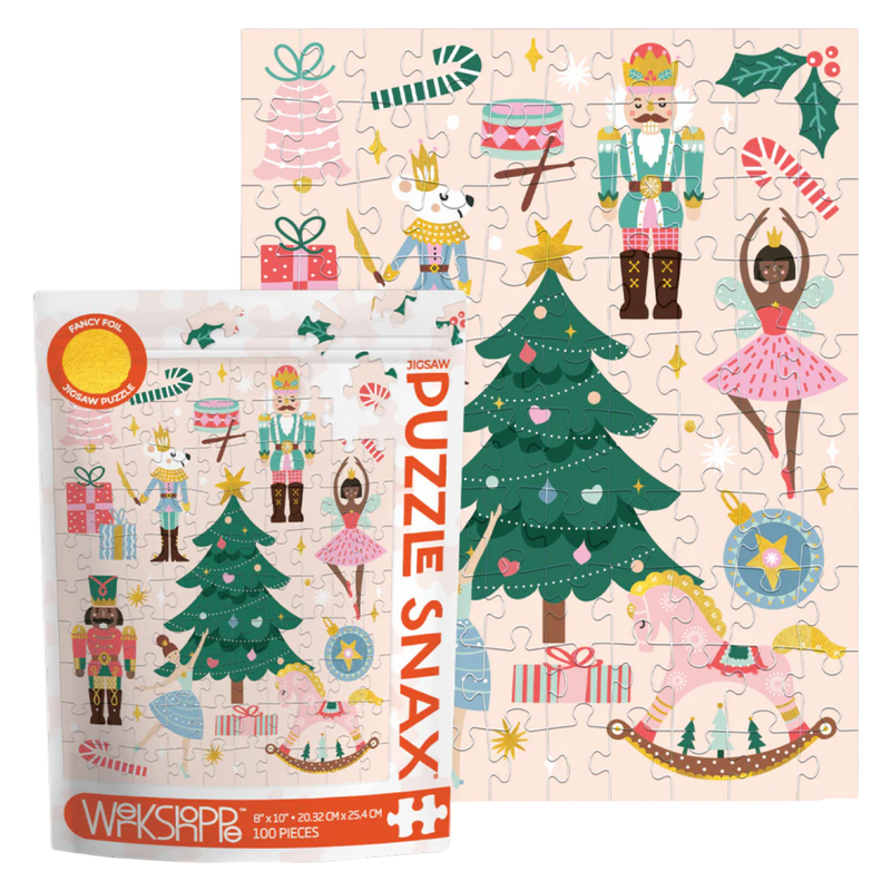 Christmas-themed puzzle with characters and decorations, including a tree and presents, in a colorful packaging.