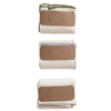 Three folded towels with brown labels on a white background
