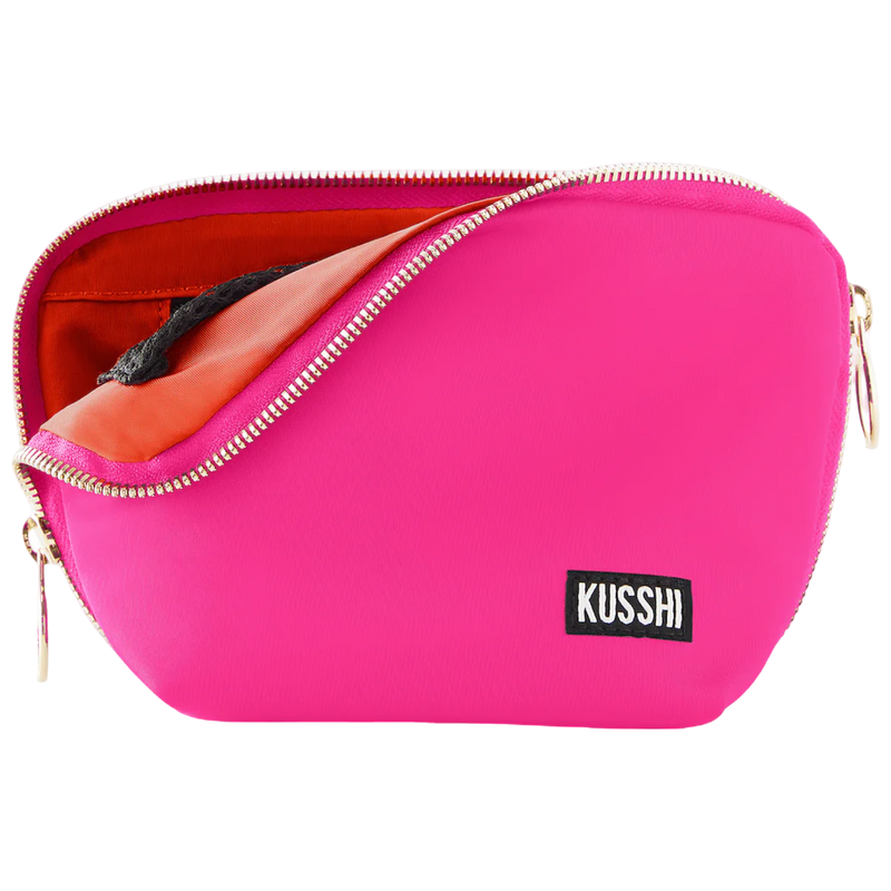 kusshi everyday makeup bag, bubble gum pink makeup bag, kusshi cosmetic bag, travel makeup bag, stylish toiletry bag, kusshi pink orange bag, everyday beauty bag, durable fabric makeup bag