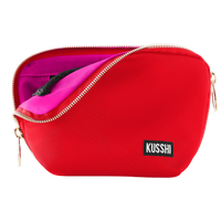kusshi everyday makeup bag, candy apple red makeup bag, kusshi cosmetic bag, red pink makeup bag, travel makeup bag, stylish toiletry bag, kusshi red bag, everyday beauty bag