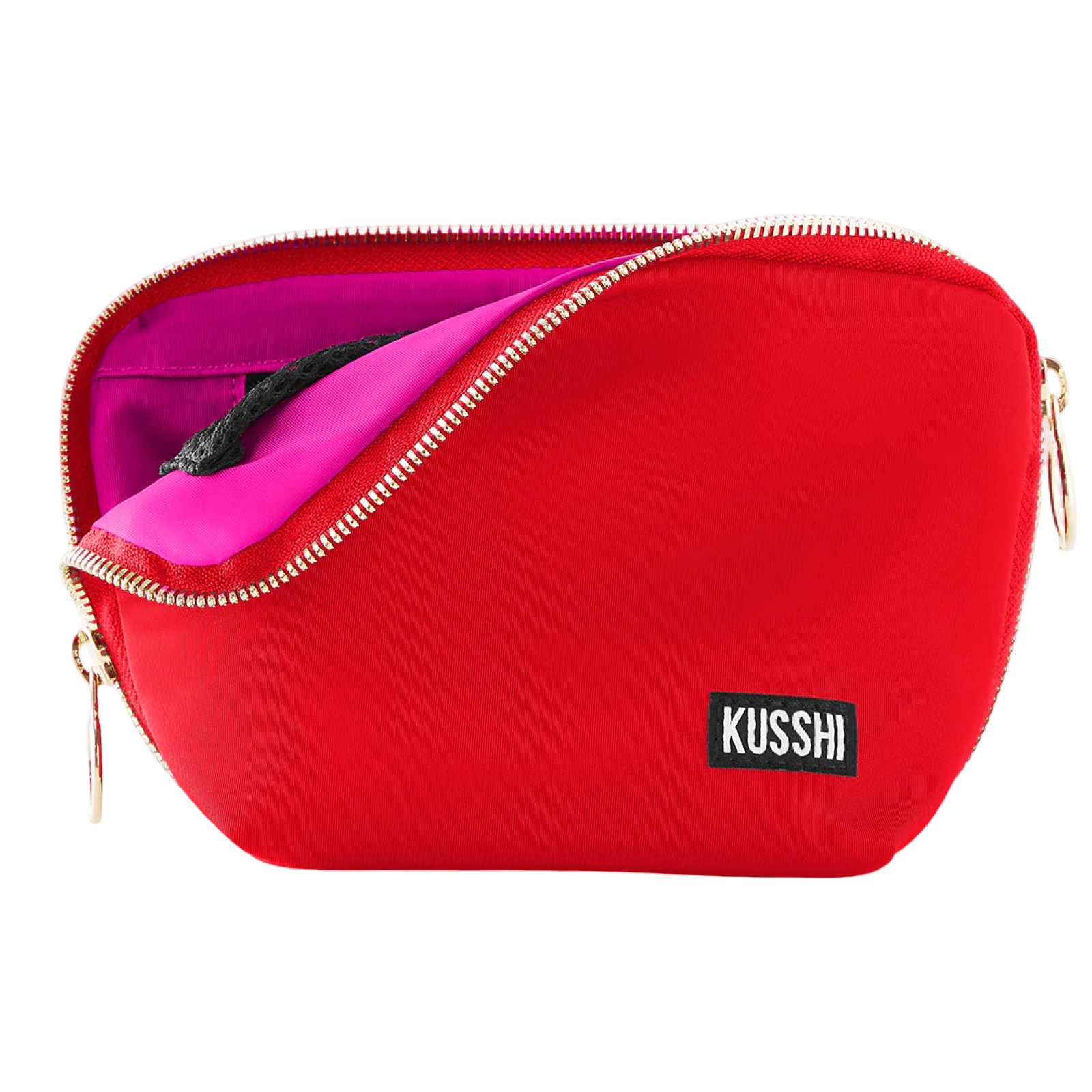 kusshi everyday makeup bag, candy apple red makeup bag, kusshi cosmetic bag, red pink makeup bag, travel makeup bag, stylish toiletry bag, kusshi red bag, everyday beauty bag