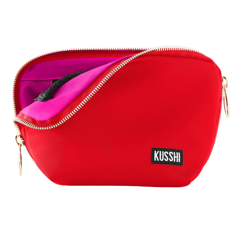 kusshi everyday makeup bag, candy apple red makeup bag, kusshi cosmetic bag, red pink makeup bag, travel makeup bag, stylish toiletry bag, kusshi red bag, everyday beauty bag