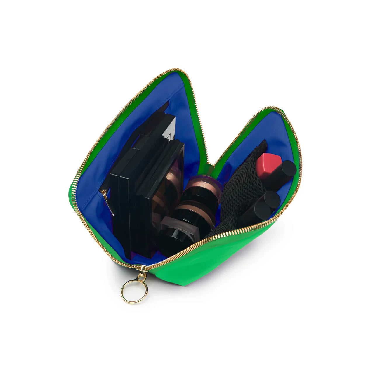 kusshi everyday makeup bag, kelly green makeup bag, kusshi cosmetic bag, travel makeup bag, stylish toiletry bag, kusshi green navy bag, everyday beauty bag, durable fabric makeup bag