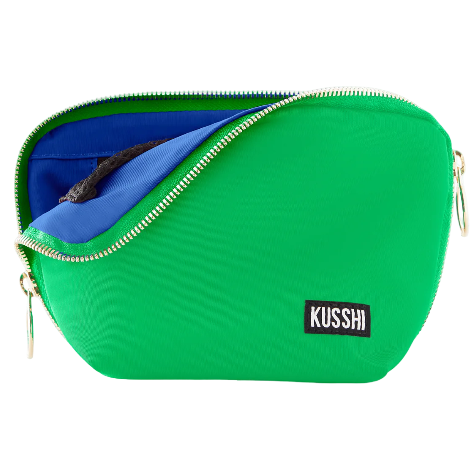 kusshi everyday makeup bag, kelly green makeup bag, kusshi cosmetic bag, travel makeup bag, stylish toiletry bag, kusshi green navy bag, everyday beauty bag, durable fabric makeup bag