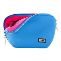 kusshi everyday makeup bag, light blue makeup bag, kusshi cosmetic bag, neon pink interior bag, travel makeup bag, stylish toiletry bag, kusshi blue pink bag, everyday beauty bag