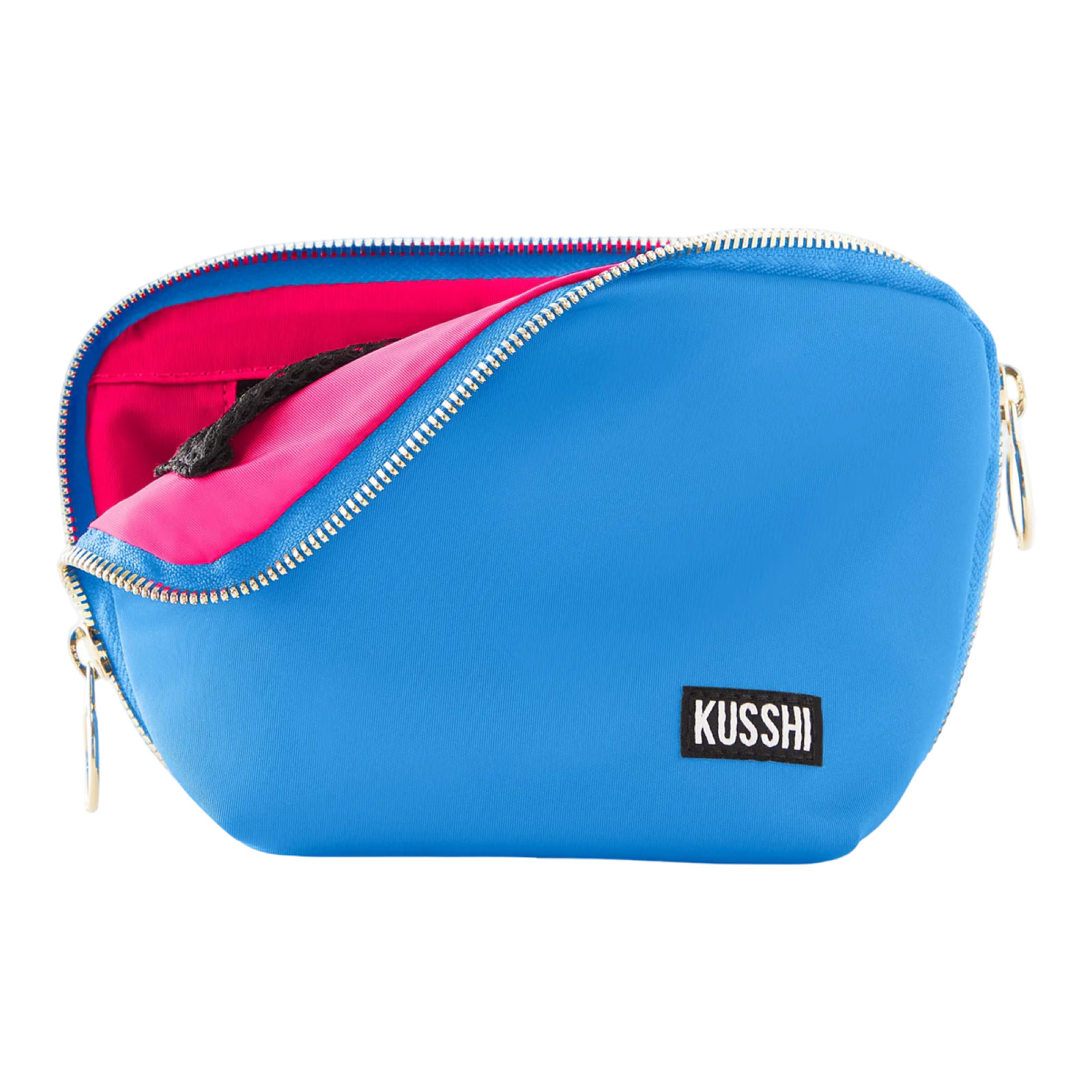 kusshi everyday makeup bag, light blue makeup bag, kusshi cosmetic bag, neon pink interior bag, travel makeup bag, stylish toiletry bag, kusshi blue pink bag, everyday beauty bag
