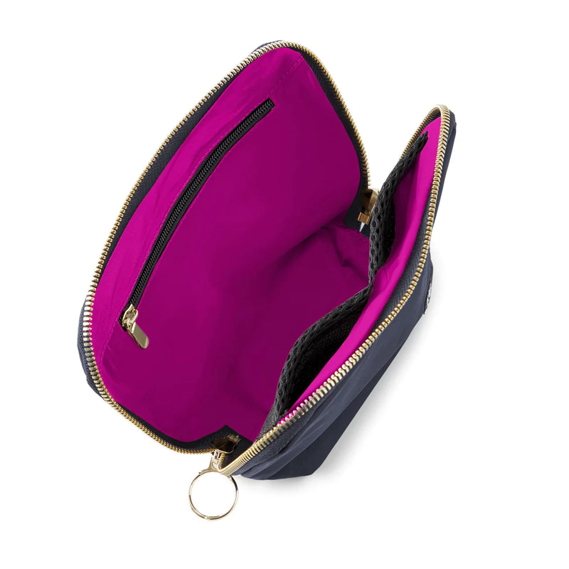 Open purple pouch with gold zipper on a white background
