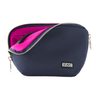 kusshi everyday makeup bag, navy cosmetic bag, kusshi makeup organizer, travel makeup bag, navy pink makeup bag, kusshi toiletry bag, everyday beauty bag, durable fabric makeup case