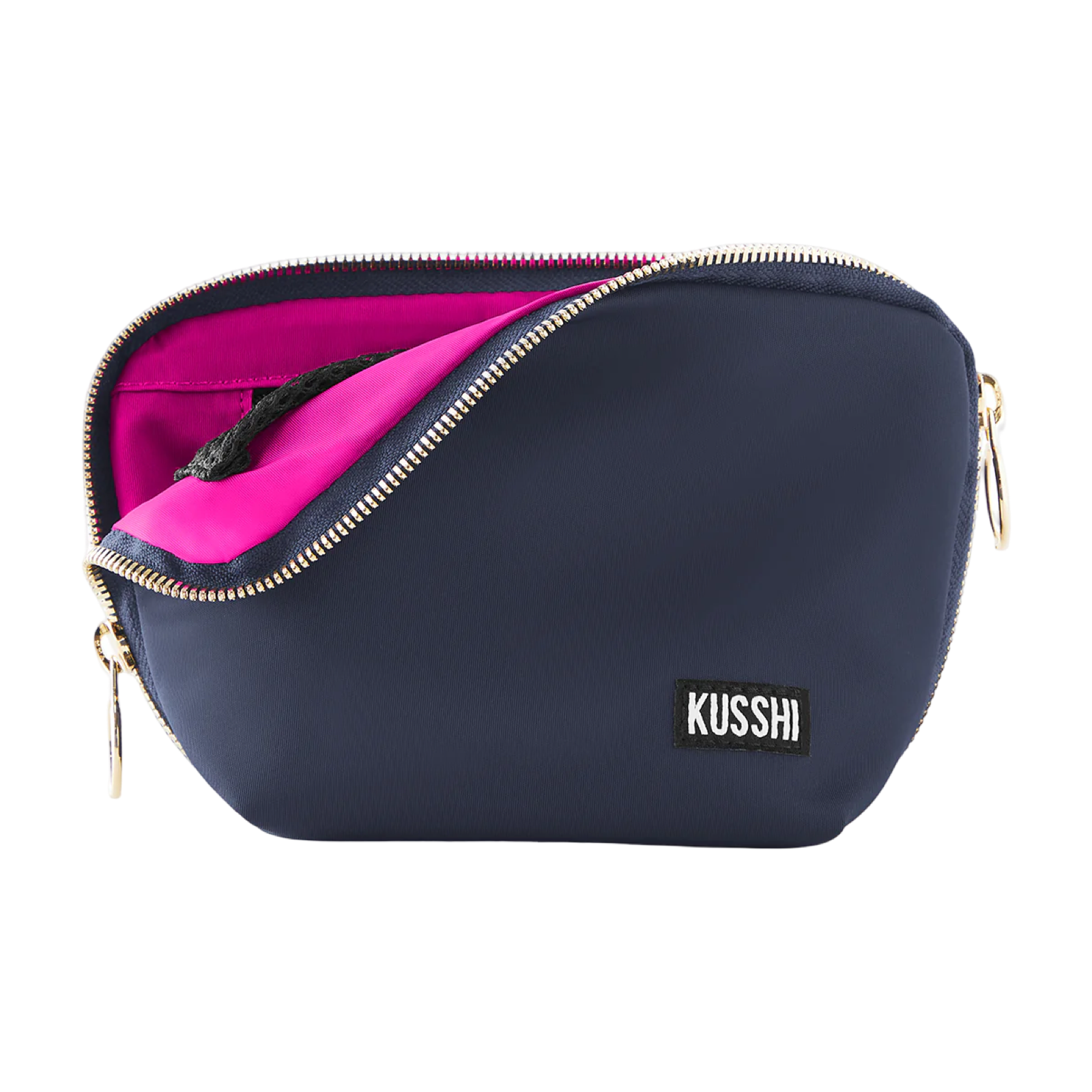 kusshi everyday makeup bag, navy cosmetic bag, kusshi makeup organizer, travel makeup bag, navy pink makeup bag, kusshi toiletry bag, everyday beauty bag, durable fabric makeup case