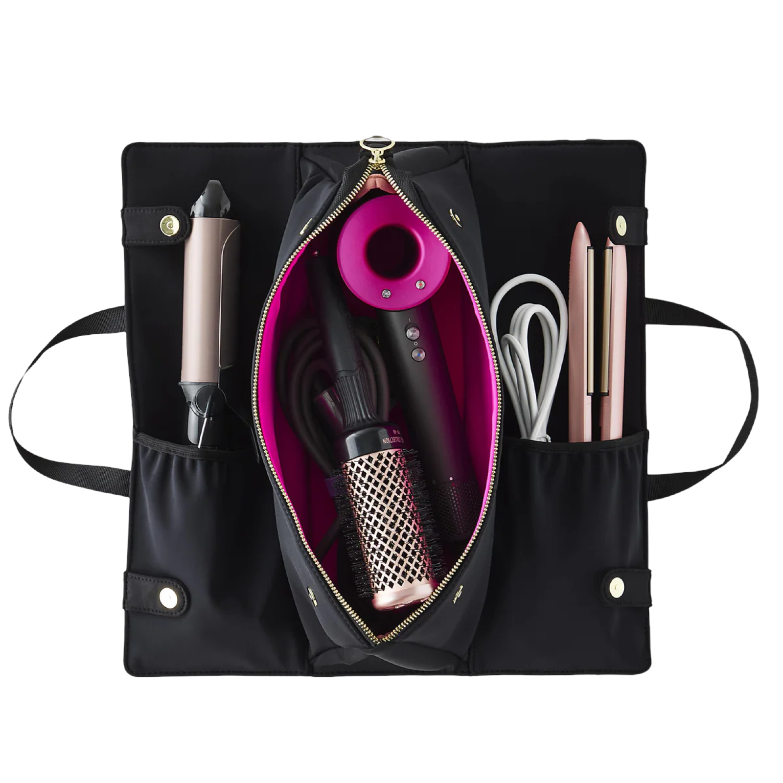 kusshi hair tools bag, black pink hair tool bag, travel hair dryer bag, kusshi curling iron case, heat resistant hair tools bag, stylish hair accessory storage, kusshi beauty bag, hair tool organizer
