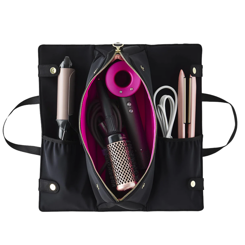 kusshi hair tools bag, black pink hair tool bag, travel hair dryer bag, kusshi curling iron case, heat resistant hair tools bag, stylish hair accessory storage, kusshi beauty bag, hair tool organizer
