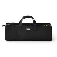 Black carrying case with handle and visible brand logo on a white background