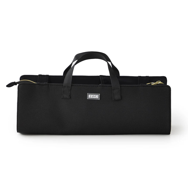 Black carrying case with handle and visible brand logo on a white background