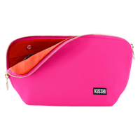
kusshi signature makeup bag, bubble gum pink cosmetic bag, kusshi large makeup bag, travel makeup organizer, pink orange makeup bag, kusshi toiletry bag, signature beauty bag, durable fabric makeup case
