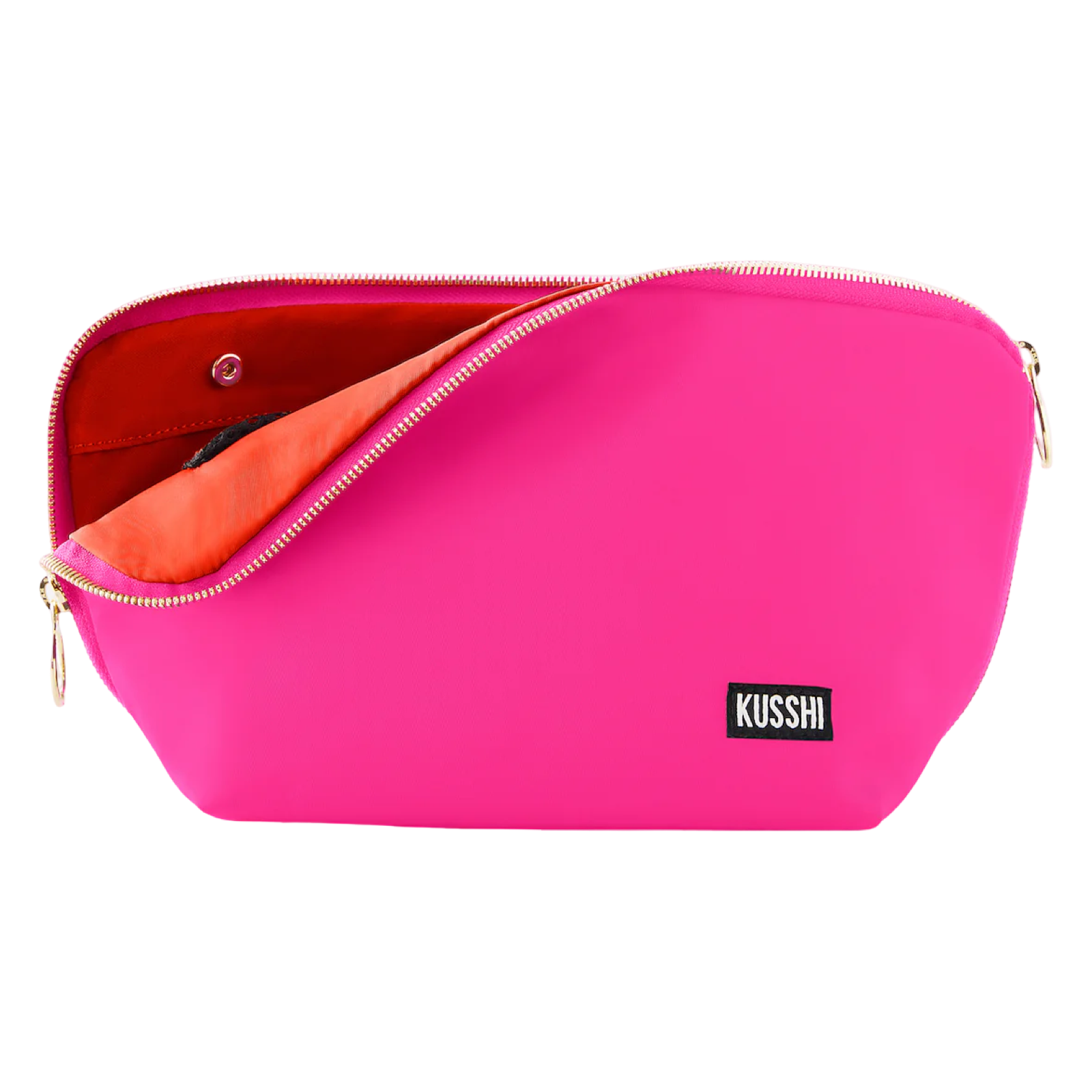 
kusshi signature makeup bag, bubble gum pink cosmetic bag, kusshi large makeup bag, travel makeup organizer, pink orange makeup bag, kusshi toiletry bag, signature beauty bag, durable fabric makeup case