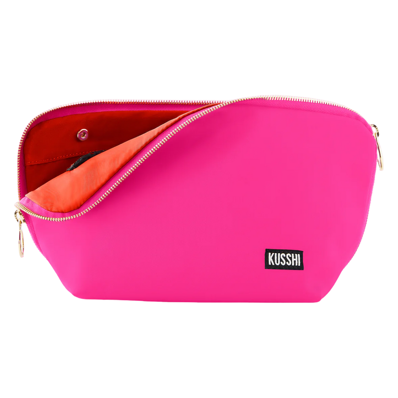 
kusshi signature makeup bag, bubble gum pink cosmetic bag, kusshi large makeup bag, travel makeup organizer, pink orange makeup bag, kusshi toiletry bag, signature beauty bag, durable fabric makeup case