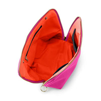 Open pink and orange pouch with zipper on a white background