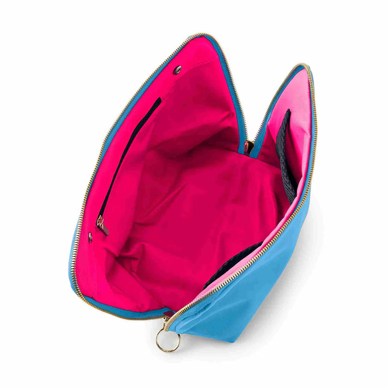 Open pink and blue pouch on a white background