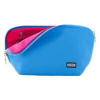 Blue pouch with pink interior and 'Kusshi' branding on a white background