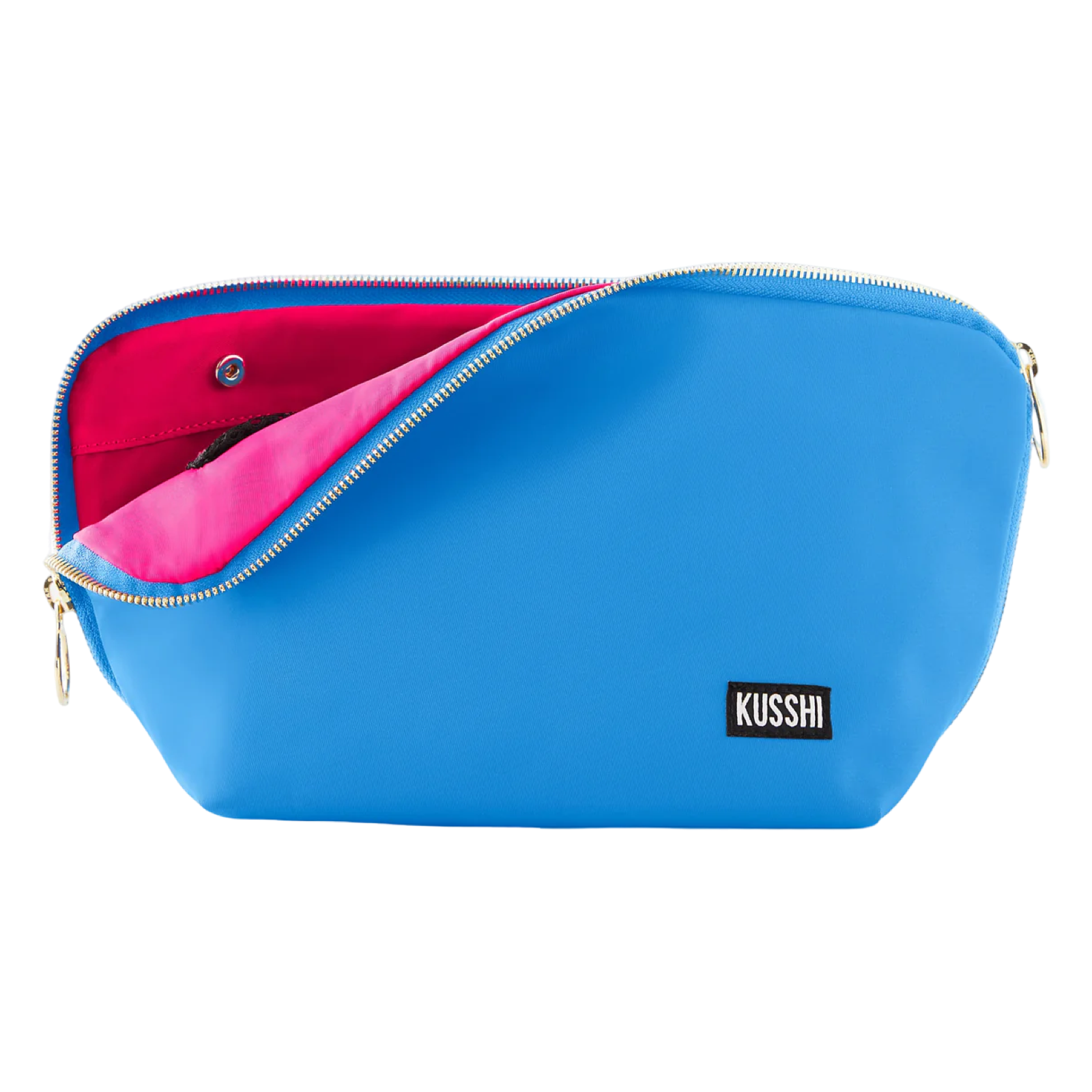 Blue pouch with pink interior and 'Kusshi' branding on a white background