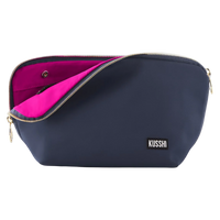 kusshi signature makeup bag, navy cosmetic bag, kusshi large makeup bag, travel makeup organizer, navy pink makeup bag, kusshi toiletry bag, signature beauty bag, durable fabric makeup case