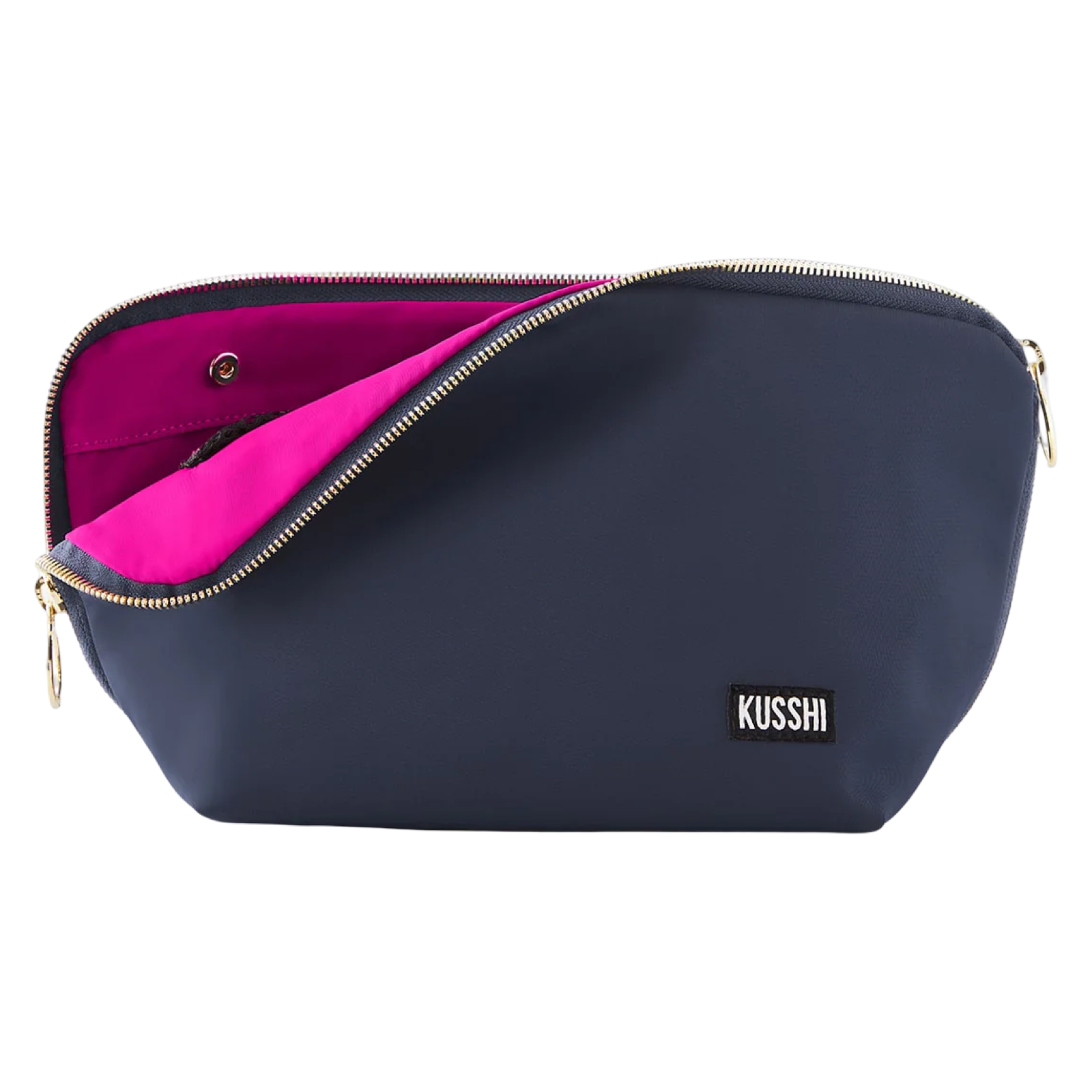 kusshi signature makeup bag, navy cosmetic bag, kusshi large makeup bag, travel makeup organizer, navy pink makeup bag, kusshi toiletry bag, signature beauty bag, durable fabric makeup case