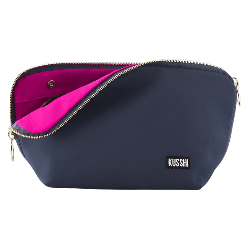 kusshi signature makeup bag, navy cosmetic bag, kusshi large makeup bag, travel makeup organizer, navy pink makeup bag, kusshi toiletry bag, signature beauty bag, durable fabric makeup case