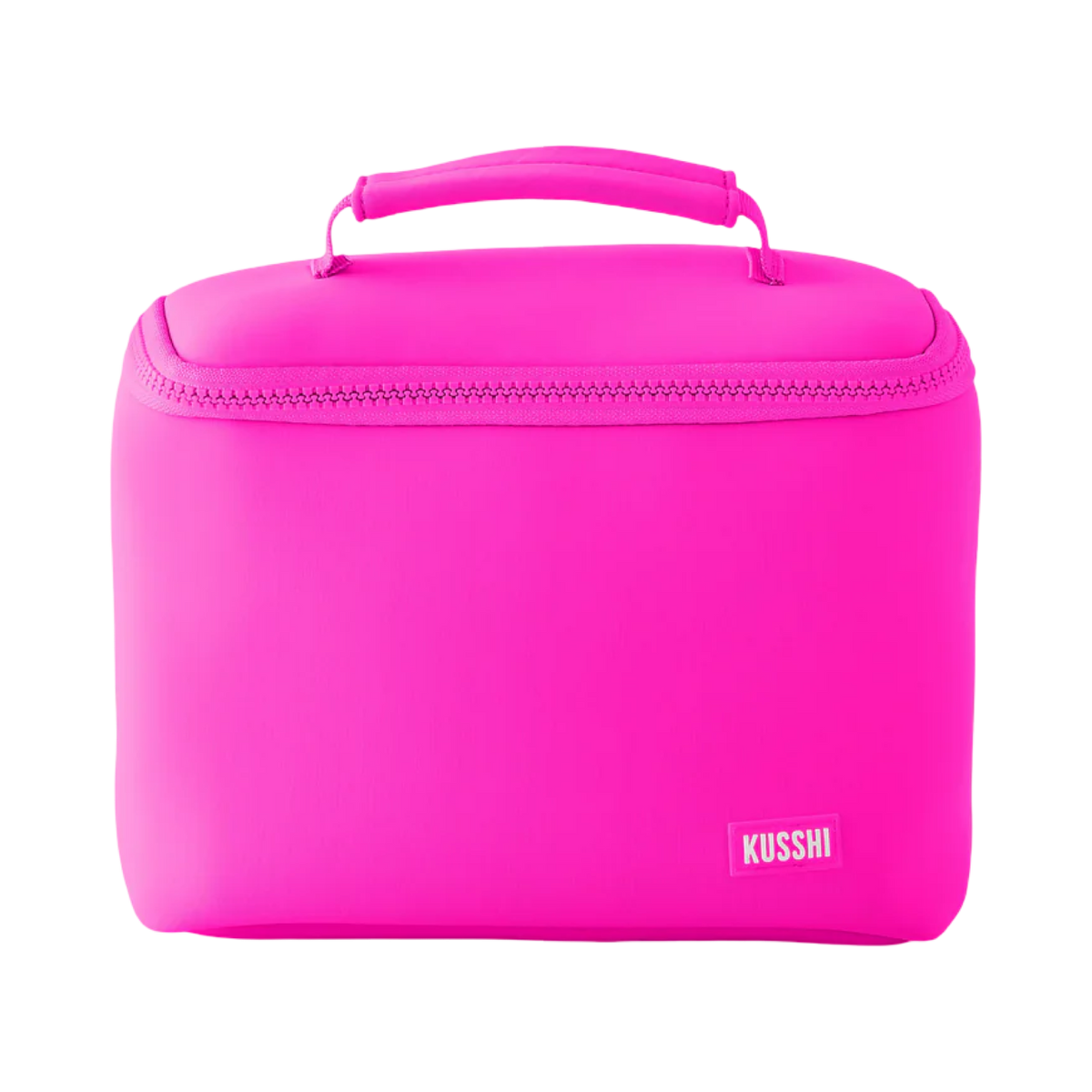 kusshi small train case, kusshi makeup bag, pink neoprene makeup bag, cosmetic case, travel makeup organizer, beauty storage, structured makeup bag, toiletry case, women travel accessories, chic makeup bag