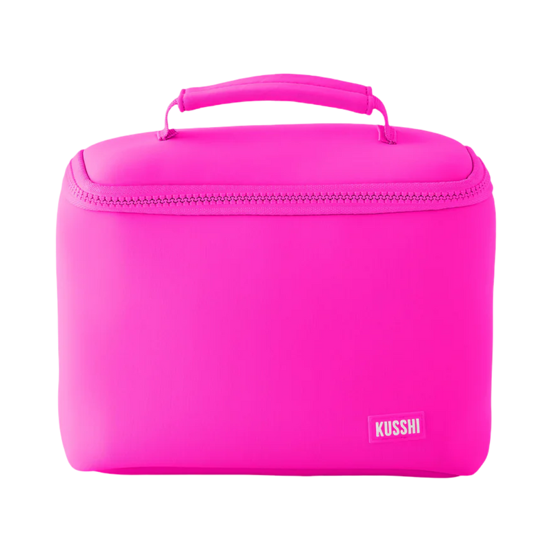 kusshi small train case, kusshi makeup bag, pink neoprene makeup bag, cosmetic case, travel makeup organizer, beauty storage, structured makeup bag, toiletry case, women travel accessories, chic makeup bag