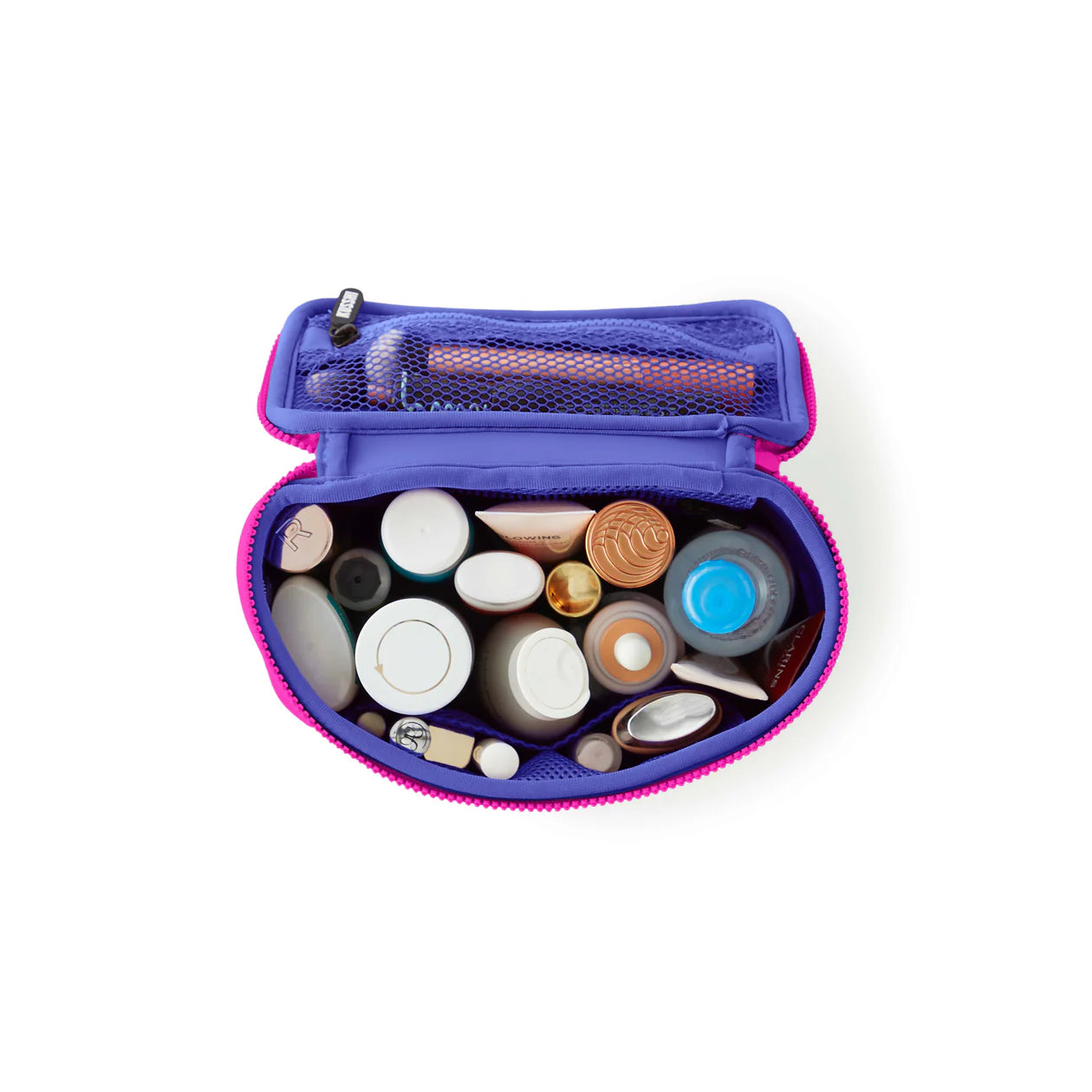 Purple makeup case with various cosmetic items on a white background
