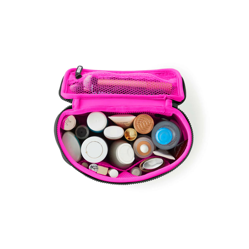 kusshi small train case, neoprene makeup case, kusshi fall 2025 collection, black pink cosmetic case, travel train case, kusshi toiletry bag, durable neoprene makeup bag, compact beauty case
