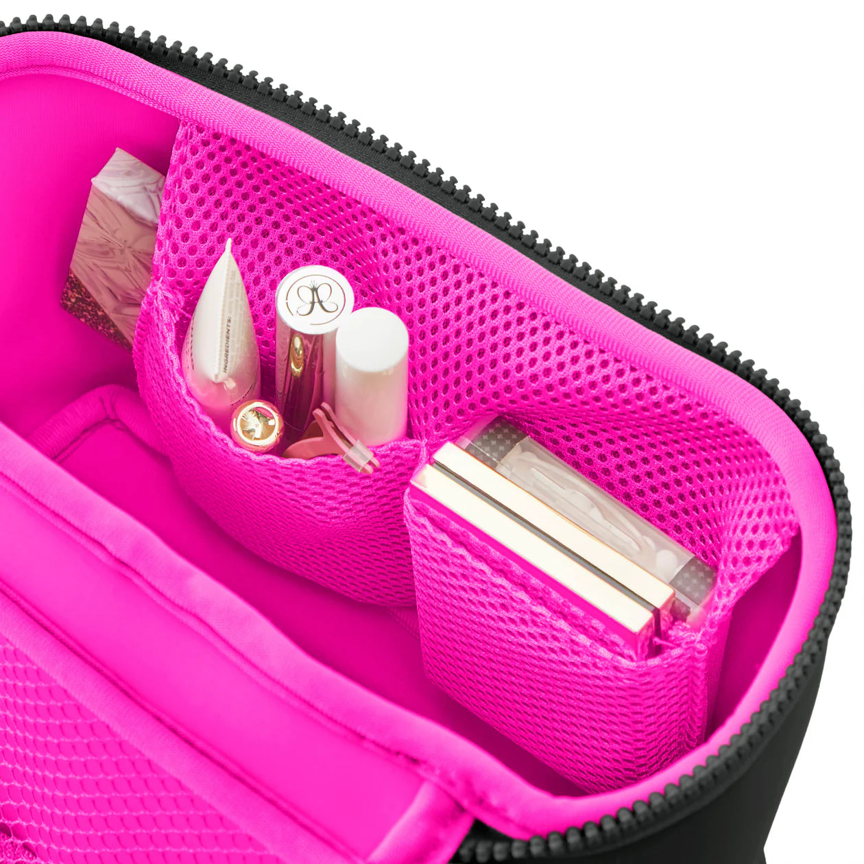kusshi small train case, neoprene makeup case, kusshi fall 2025 collection, black pink cosmetic case, travel train case, kusshi toiletry bag, durable neoprene makeup bag, compact beauty case