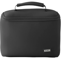kusshi small train case, neoprene makeup case, kusshi fall 2025 collection, black pink cosmetic case, travel train case, kusshi toiletry bag, durable neoprene makeup bag, compact beauty case