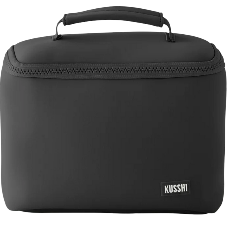 kusshi small train case, neoprene makeup case, kusshi fall 2025 collection, black pink cosmetic case, travel train case, kusshi toiletry bag, durable neoprene makeup bag, compact beauty case