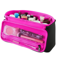 Pink cosmetic bag with various items on a white background