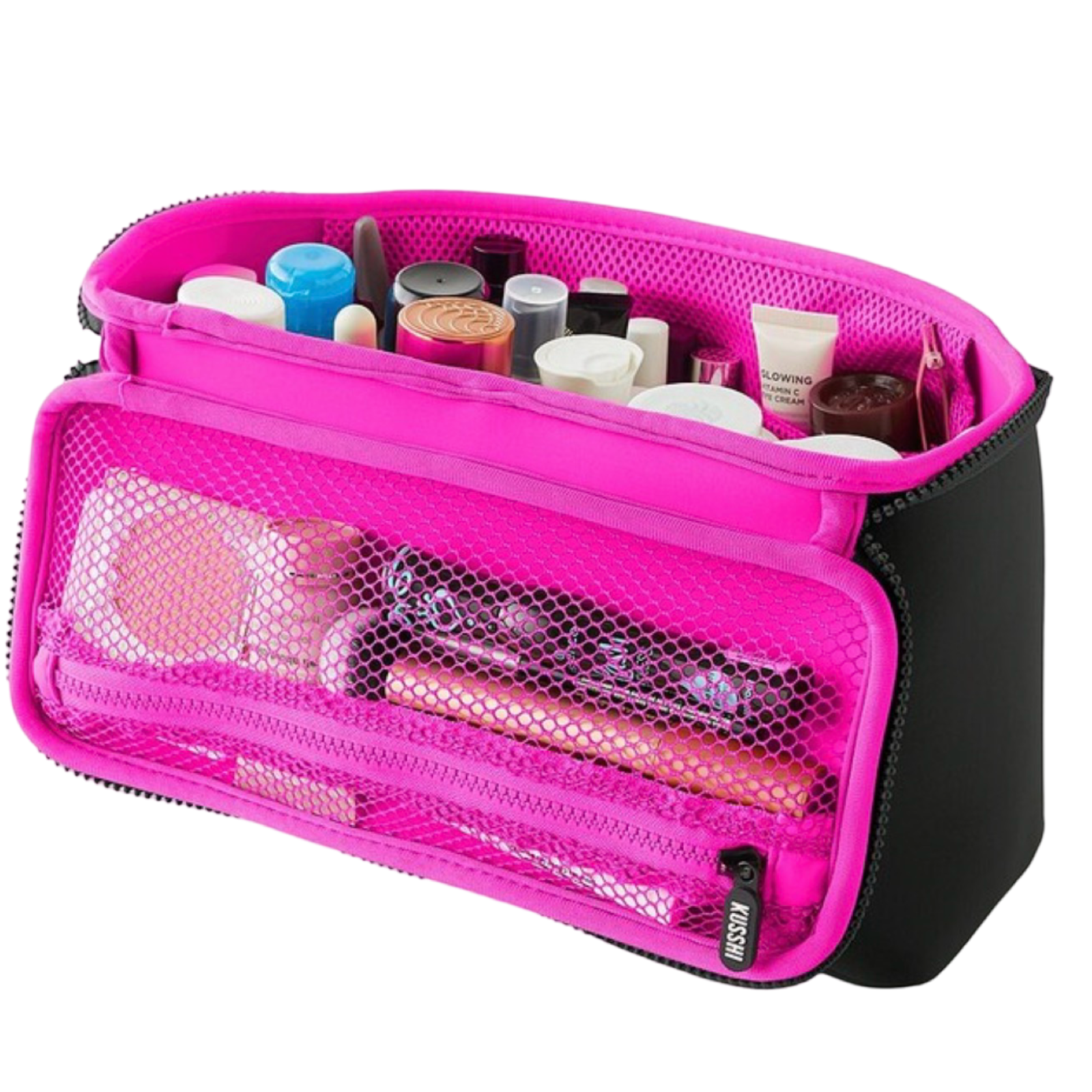 Pink cosmetic bag with various items on a white background