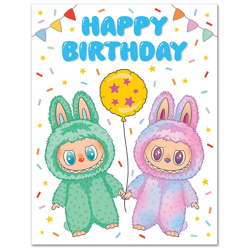 Children's birthday card with two kids in colorful bunny costumes holding a balloon.