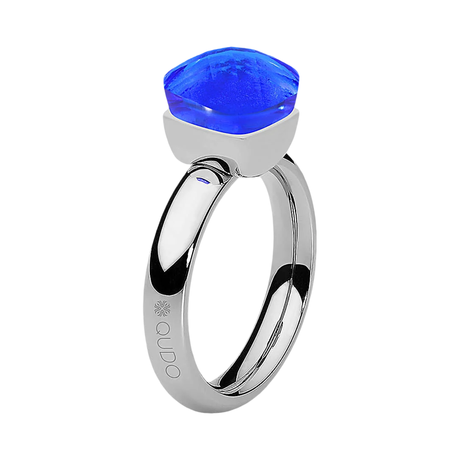 Silver ring with a blue gemstone on a white background