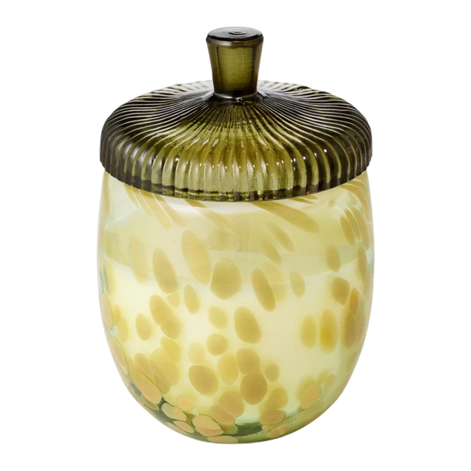 Decorative glass jar with a ribbed lid on a white background